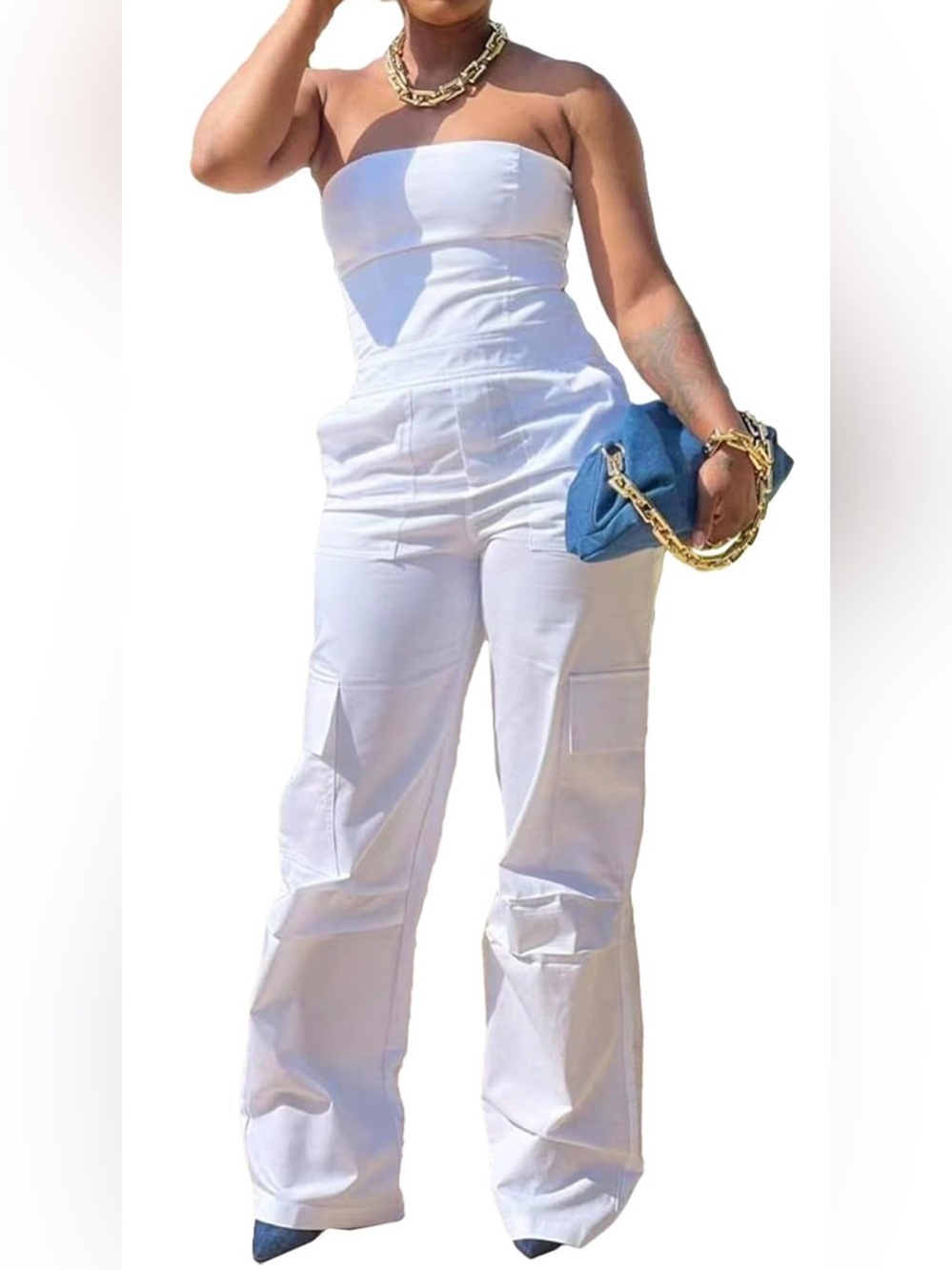 Women’s White High-Waist Cargo Jumpsuit